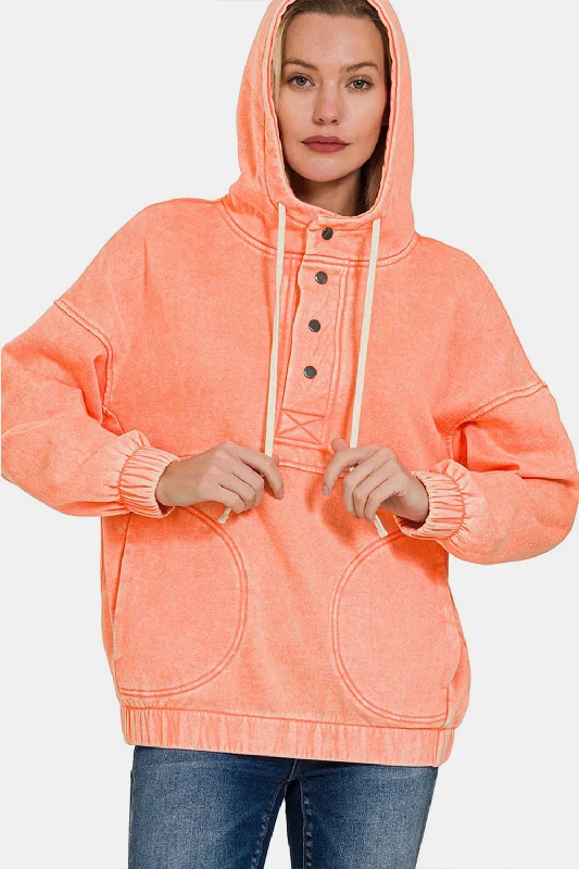 Super Sale Drawstring Half Snap Dropped Shoulder Hoodie