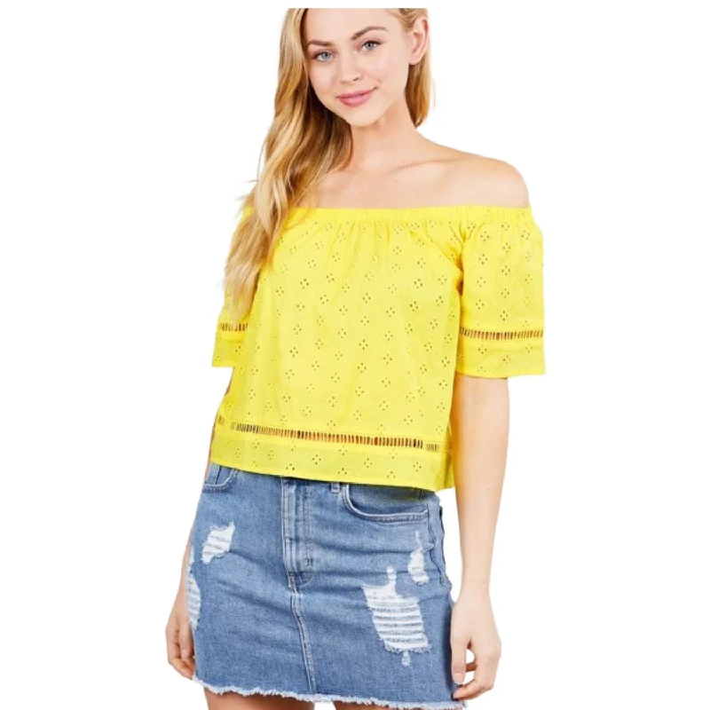 Best Deals Elbow Sleeve Off The Shoulder Lace Trim Eyelet Detail Woven Top