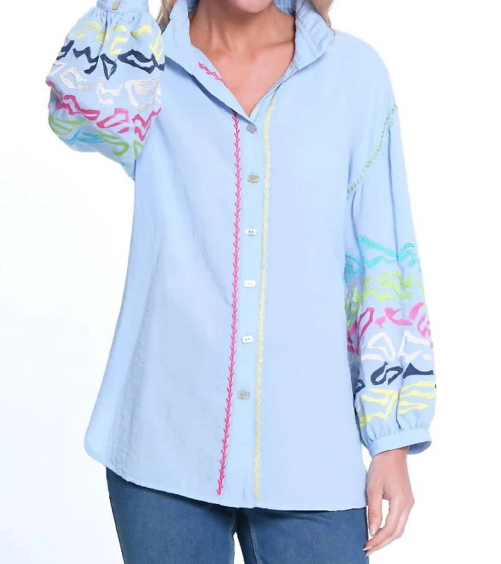 Early Bird Discount Embroidered Sleeve Blouse In Sky Blue
