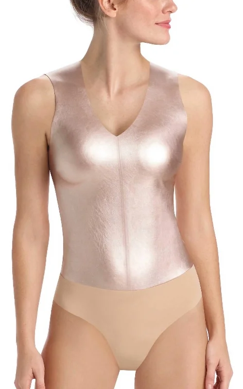 Crazy Savings Faux Leather Deep-V Bodysuit In Rose Gold