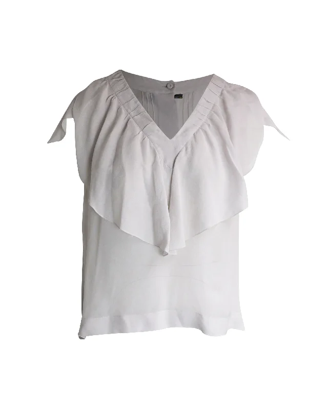 Value Deals Fendi Ruffled V-Neck Blouse in White Silk