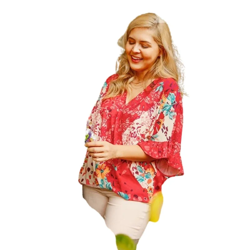 Amazing Deals Floral Animal Mixed Print Ruffle Sleeve V-neck Crossbody Top With Scoop Hem