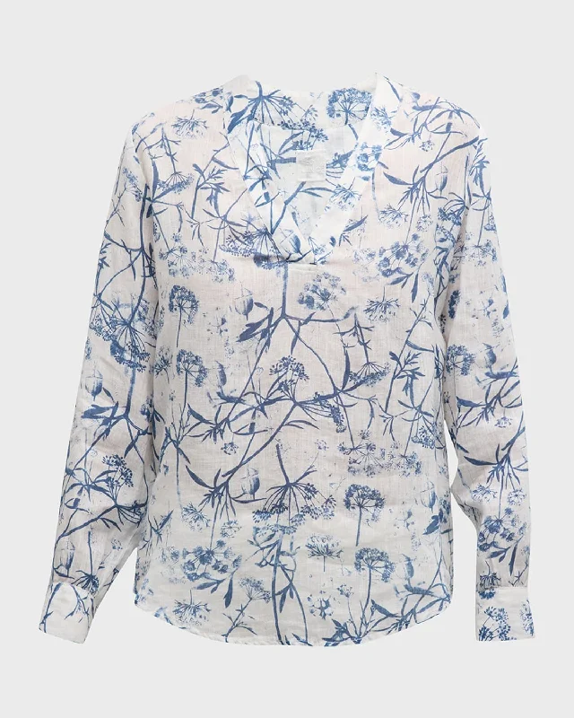 Deal Dash Floral-Print V-Neck Linen Blouse