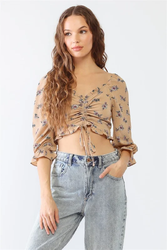 Super Sale Floral Ruffle Smocked Back Ruched Crop Top