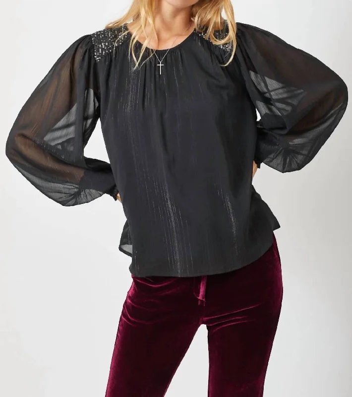 Online Only Flowy Glitter Chiffon Blouse In Black