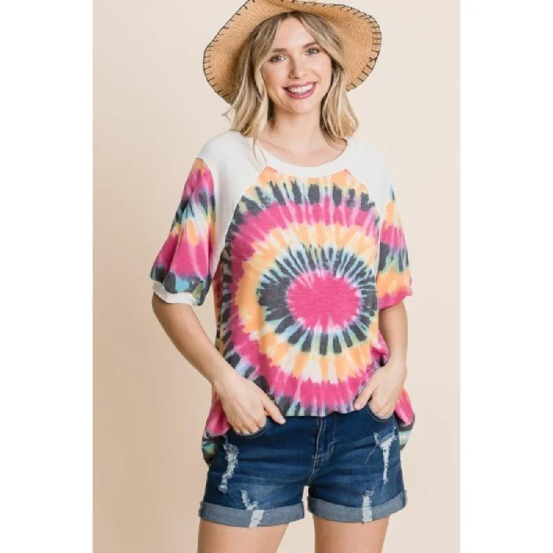 Year-End Sale French Terry Tie Dye Printed Casual Mini Bubble Sleeves Tunic Top
