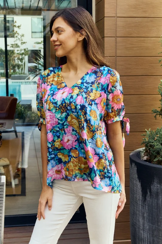 Closeout Full Size Floral V-Neck Tie Detail Blouse