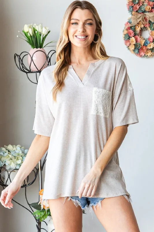 Instant Savings Full Size Lace Front Pocket Drop Shoulder Top