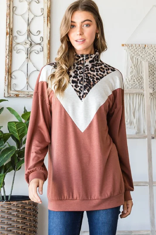 Clearance Sale Full Size Leopard Quarter Zip Mock Neck Sweatshirt