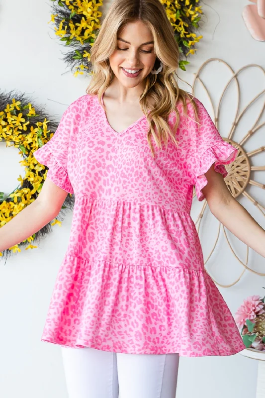 Savings Alert Full Size Leopard Ruffle Trim Short Sleeve Top