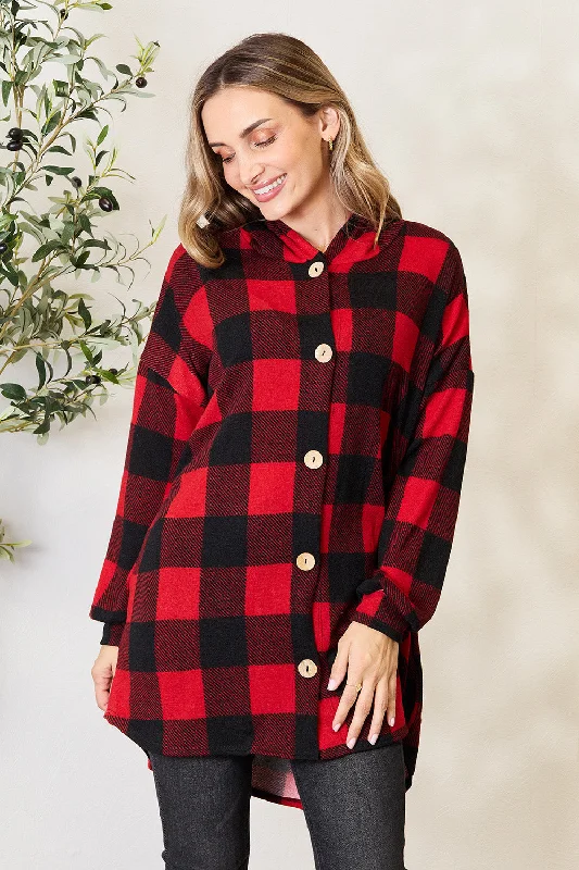Can't Miss Full Size Plaid Button Front Hooded Shirt