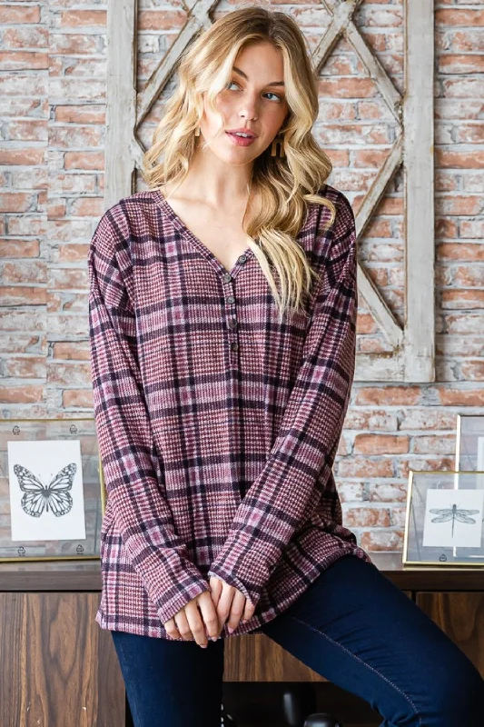 Deep Discounts Full Size Plaid V-Neck Long Sleeve Top