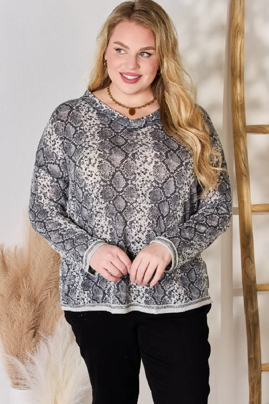 Savings Event Full Size Snakeskin V-Neck Long Sleeve Top
