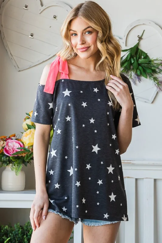 Super Sale Full Size Star Print Asymmetrical Neck Short Sleeve Top