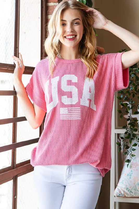 Unmissable Offer Full Size USA Graphic Short Sleeve Ribbed Top