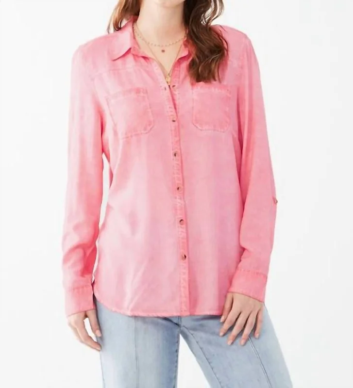 Big Savings Garment Dyed Long Sleeve Shirt In Flamingo Pink