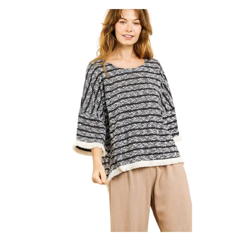 Super Deal Heathered Striped Knit Bell Sleeve Round Neck Top