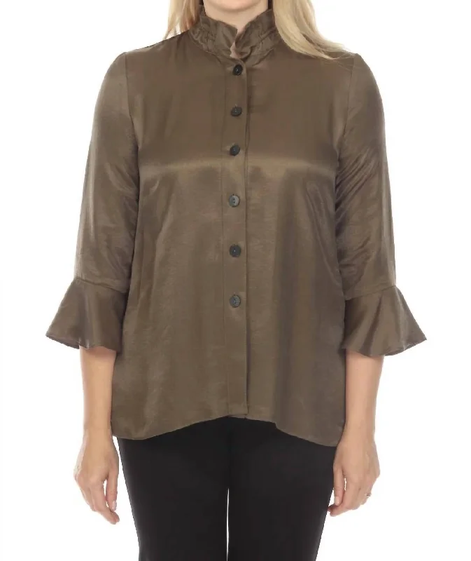 Fantastic Offers High Neck Flare Sleeve Blouse In Olive Green