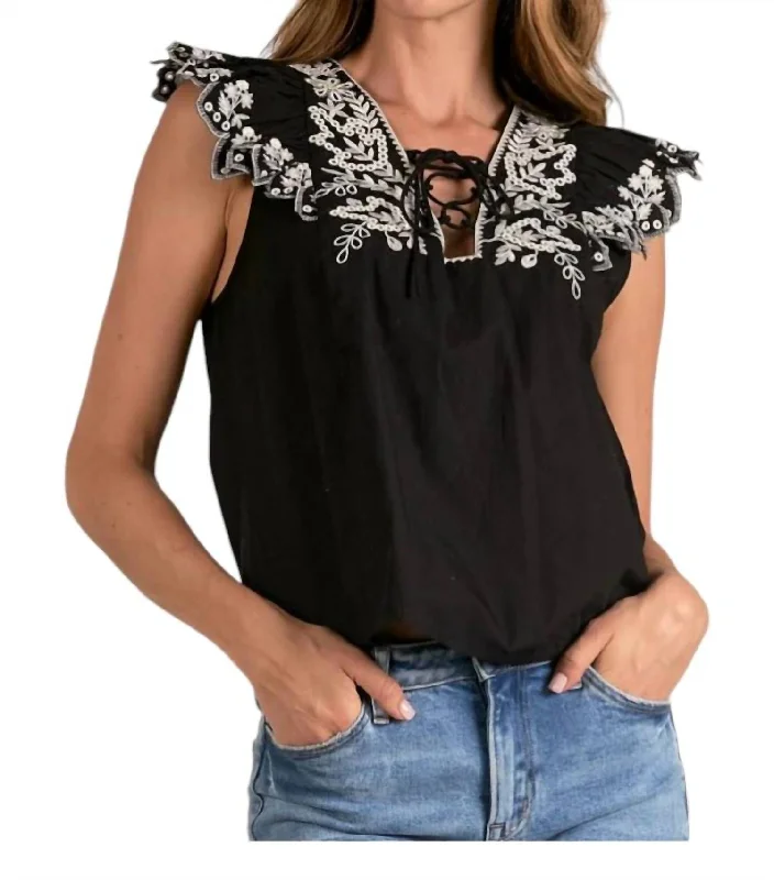 Discount Days Jacklyn Flutter Sleeve Embroidered Top In Black Natural