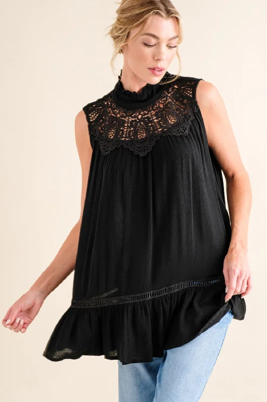 Major Savings Lace Detail Sleeveless Ruffled Top