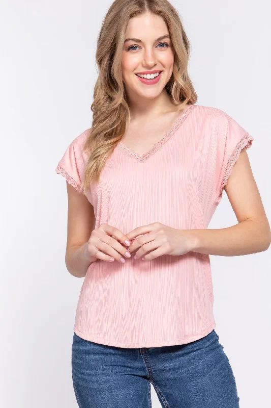 Mega Deal Lace Trim V-Neck Short Sleeve Ribbed Top