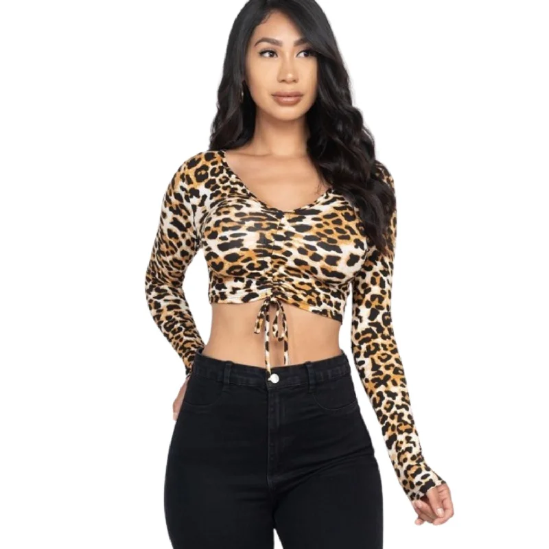 Great Deals Leopard Print Strap Ruched Front Crop Top