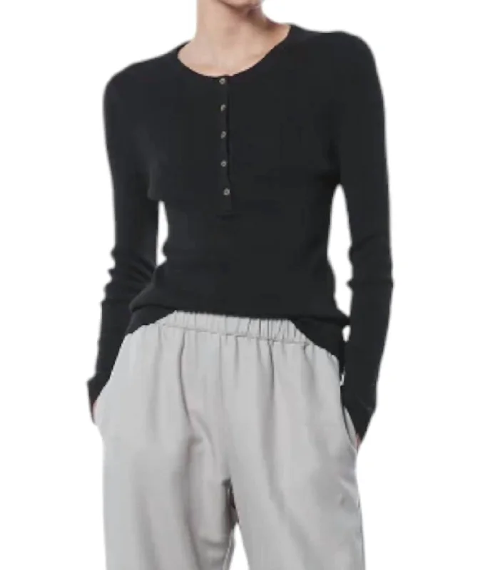 Shop and Save Linen Knit Henley Top In Black