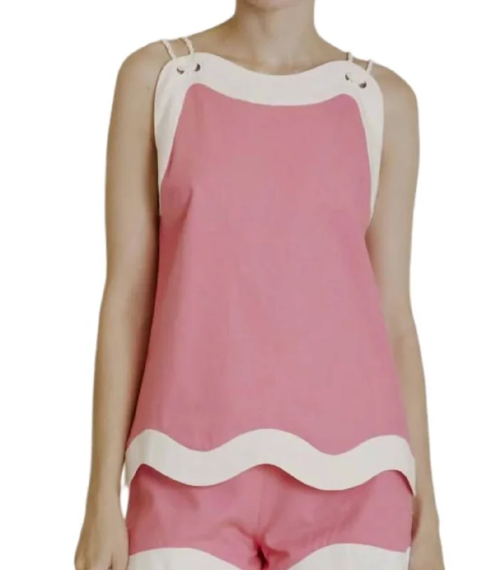 Mega Sale Linen Wave Hem Top In Pink/white