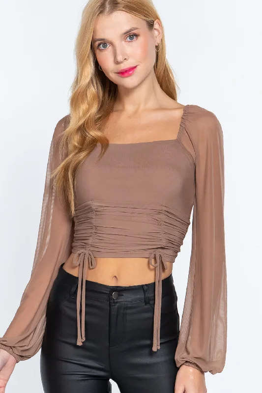 Quick Sale Long Slv Ruched Mesh Knit Top