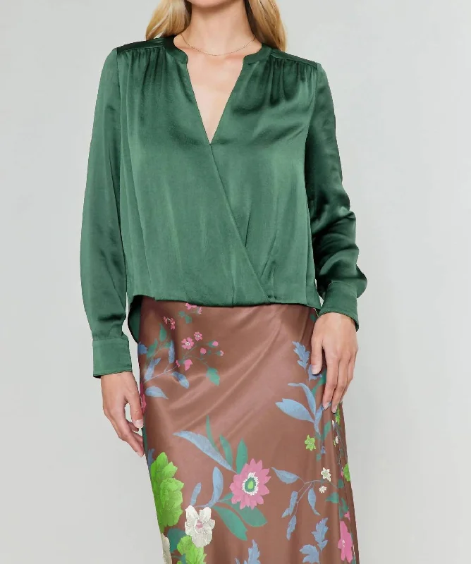 Epic Deals Mandarin Collar Surplice Blouse In Forest Green
