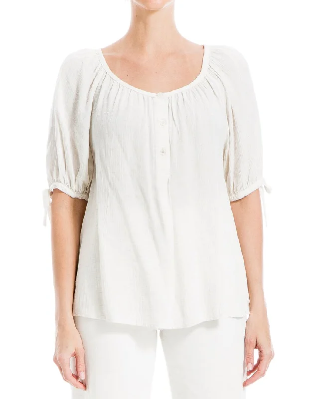 While Supplies Last Max Studio Tie Sleeve Crinkly Linen-Blend Blouse