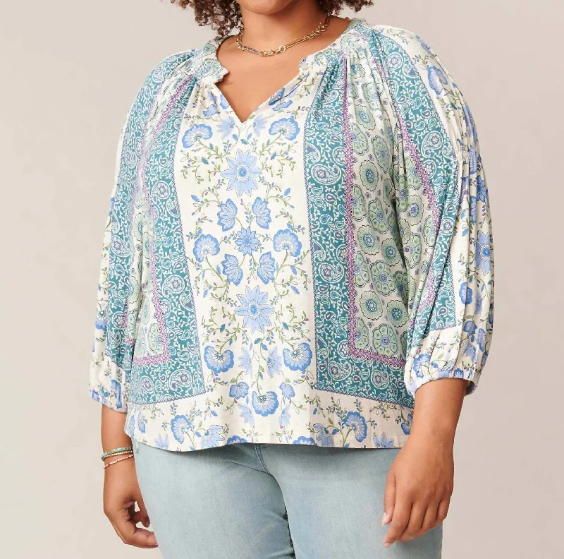 New Deals Multi Split Neck Top In Blue Green