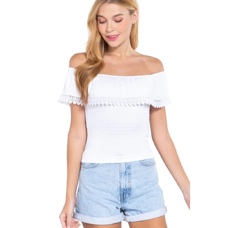 Huge Savings Off Shoulder W/lace Smocked Top