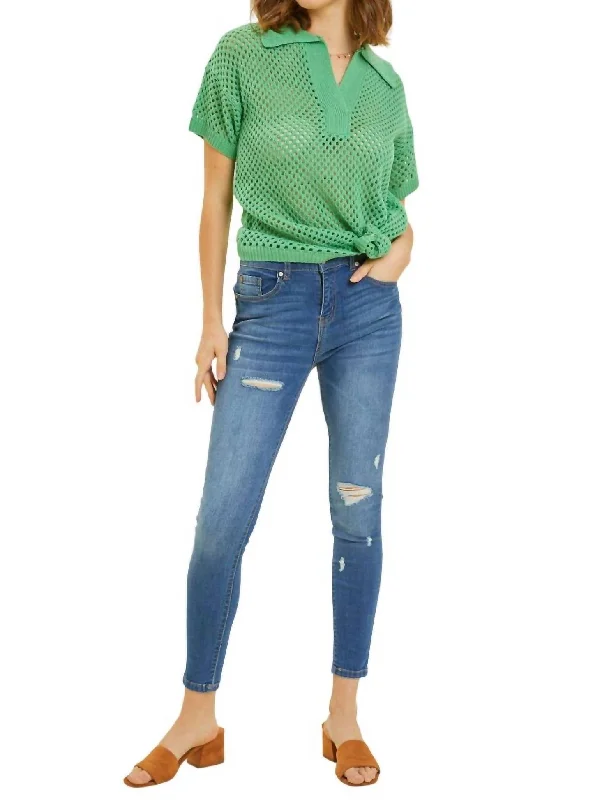 Early Access Open Knit Sweater Polo Top In Kelly Green