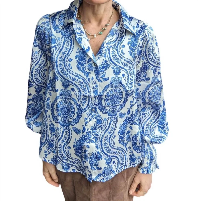 Blowout Sale Paisley Button Down Blouse In Royal Blue