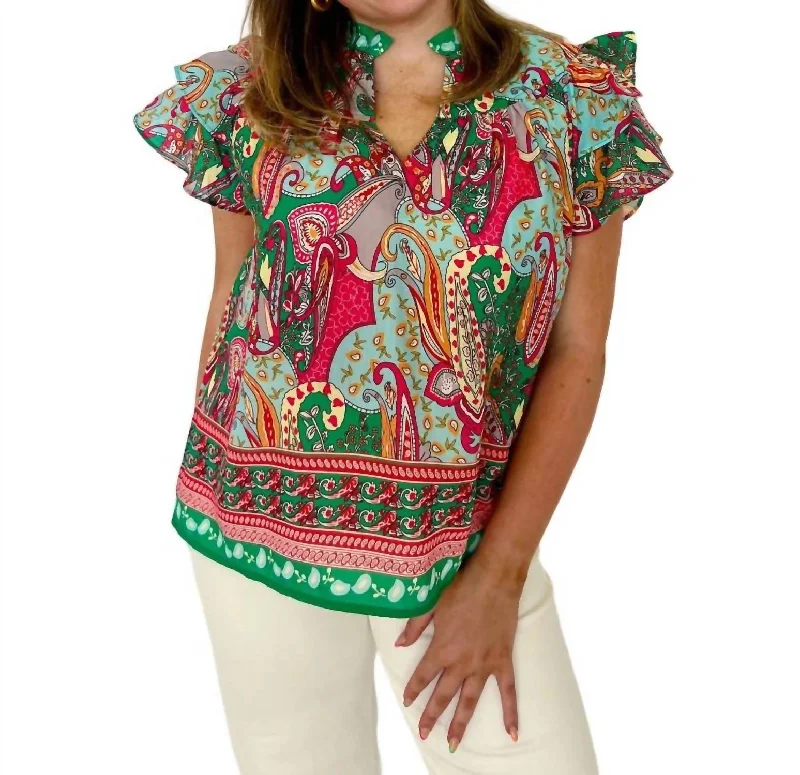 Super Bargain Paisley Flutter Sleeve Yoke Top In Green