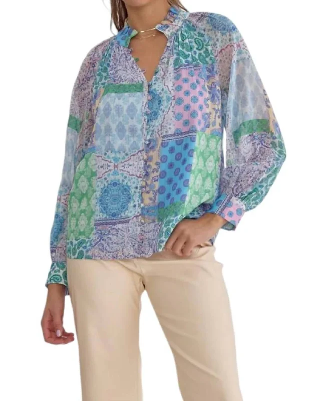 Price Reduction Patchwork Print Long Sleeve Blouse In Blue Multi