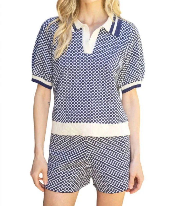 Limited Availability Paula Diamond Print Collared Knit Top In Navy
