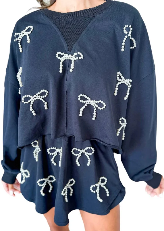 Doorbuster Deal Pearl Bow Sweatshirt In Navy