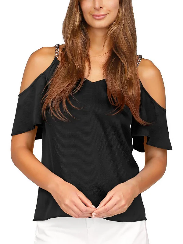 Deal Mania Petites Womens Chain Trim V-Neck Blouse