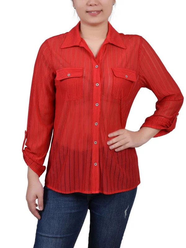Limited Edition Petites Womens Collared Adjustable Sleeve Button-Down Top