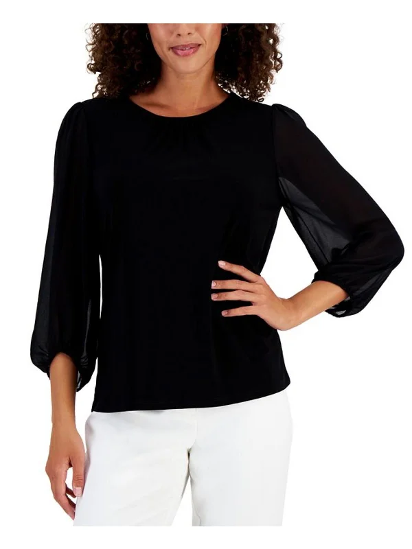 Anniversary Sale Petites Womens Crewneck Three Quarter Sleee Blouse