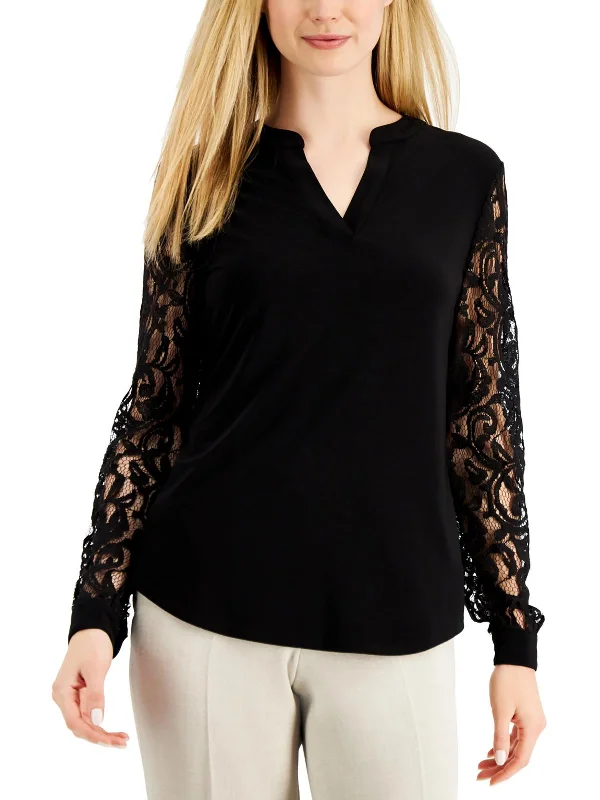 Savings Alert Petites Womens Lace Sleeves Mandarin Collar Pullover Top