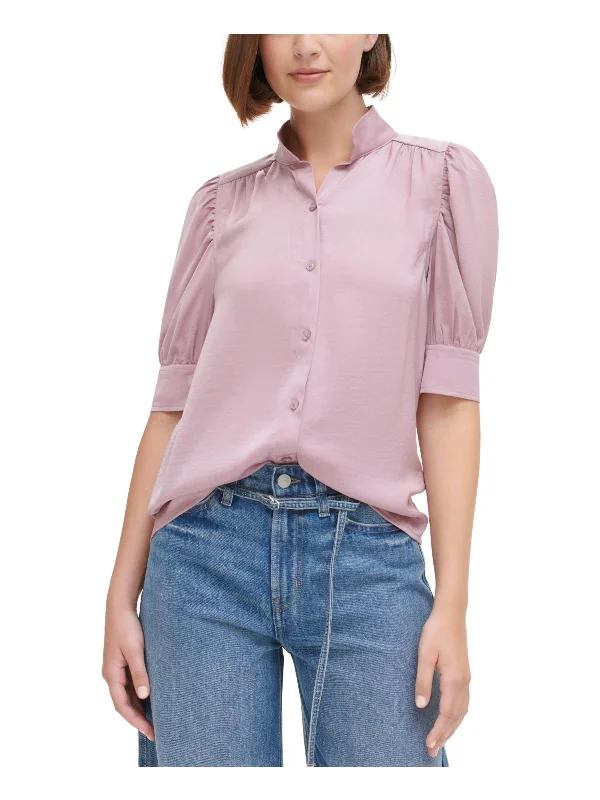 Super Bargain Petites Womens Lightweight Solid Button-Down Top
