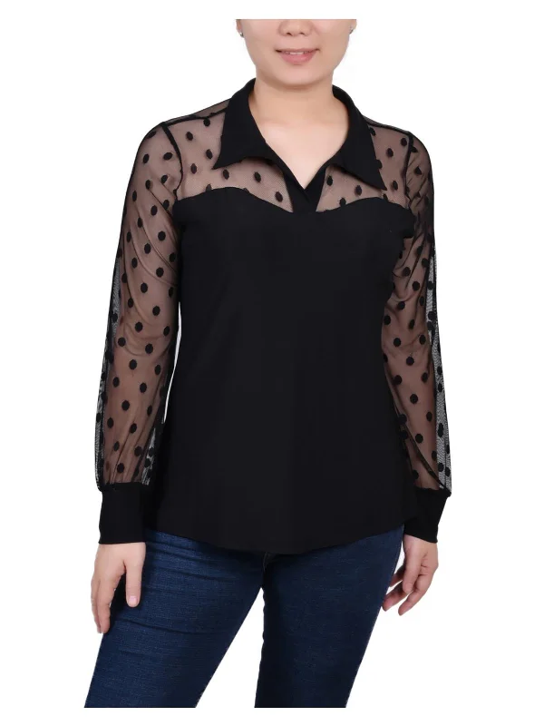 Price Reduction Petites Womens Mesh Sleeves Collared Blouse