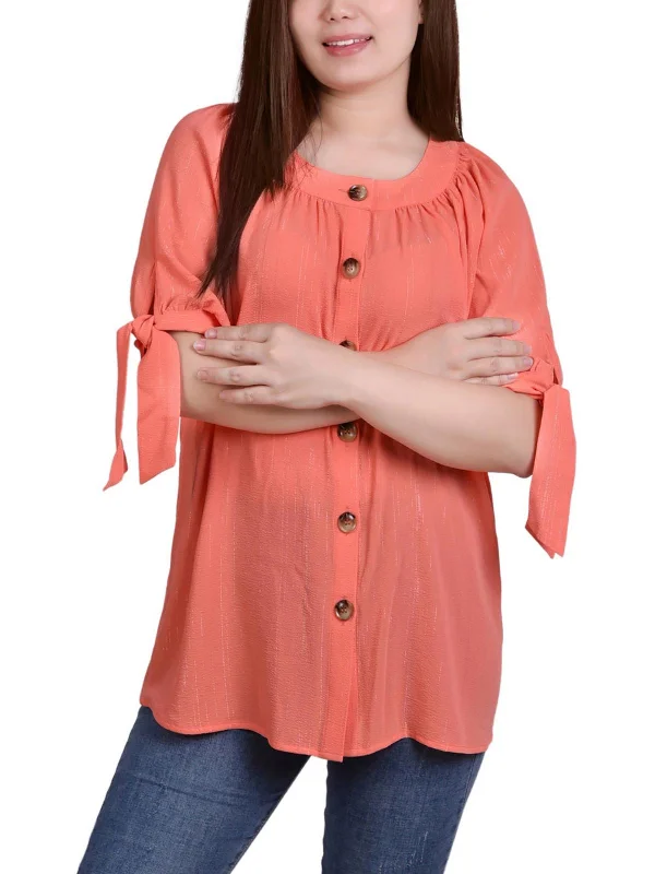 Massive Deals Petites Womens Metallic Tie Sleeve Button-Down Top