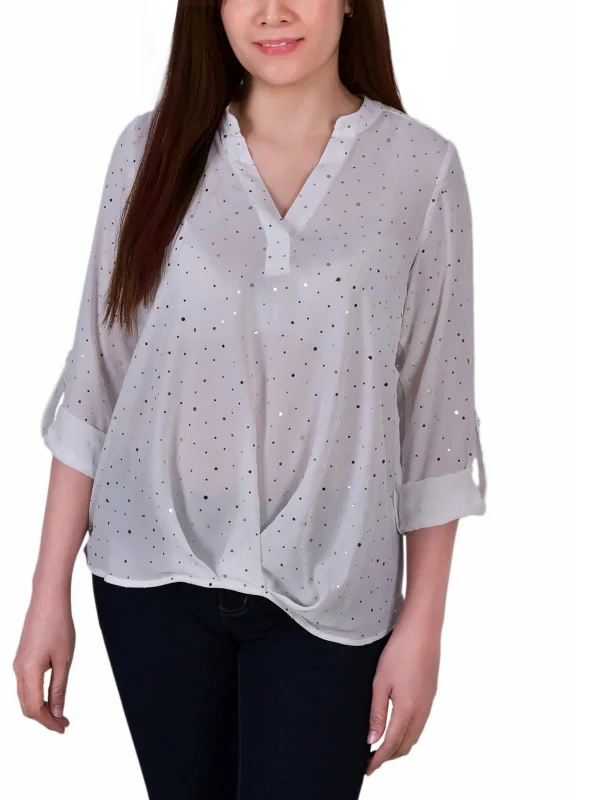 Discount Extravaganza Petites Womens Metallic Work Day Wear Pullover Top