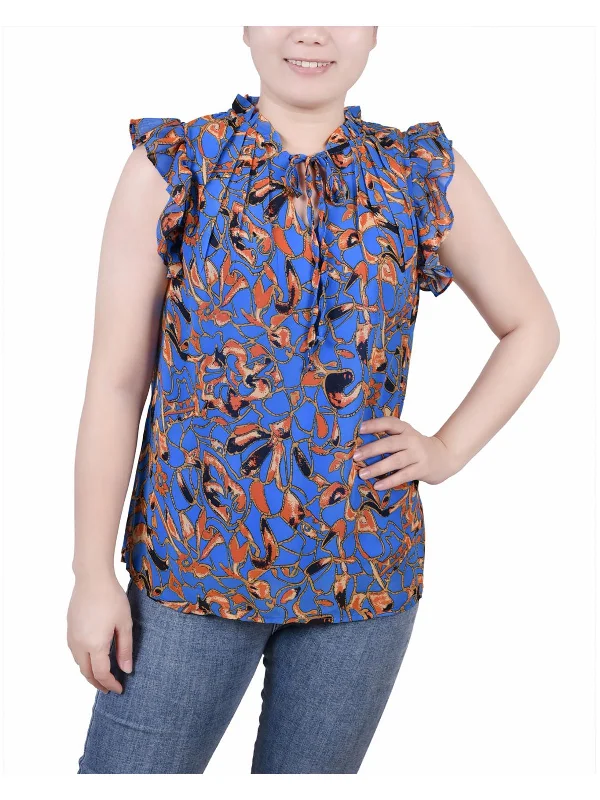 Act Now Petites Womens Polka Dot Tie Neck Blouse