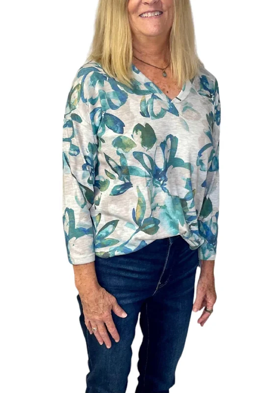 YEAR-End Clearance Placement Floral Print Knit Top In Teal