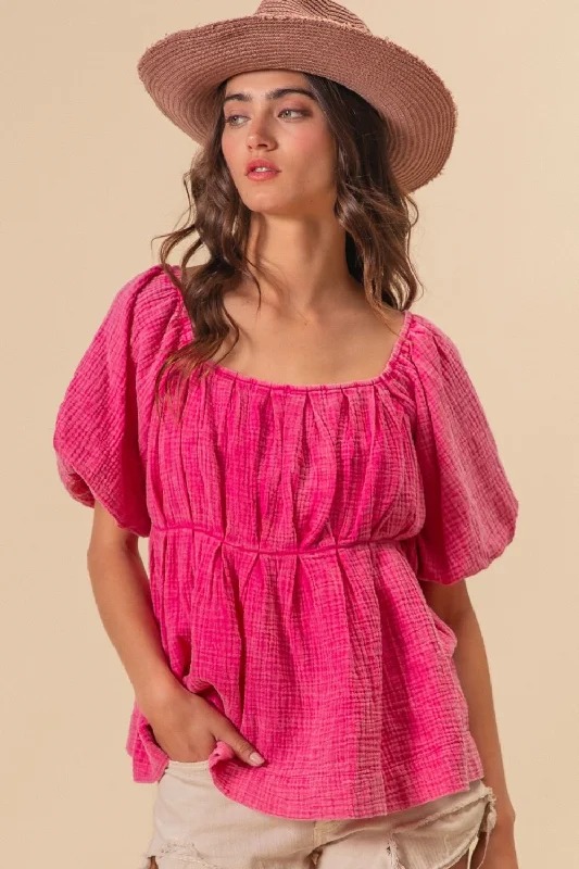 Special Price Pleated Puff Sleeve Washed Blouse